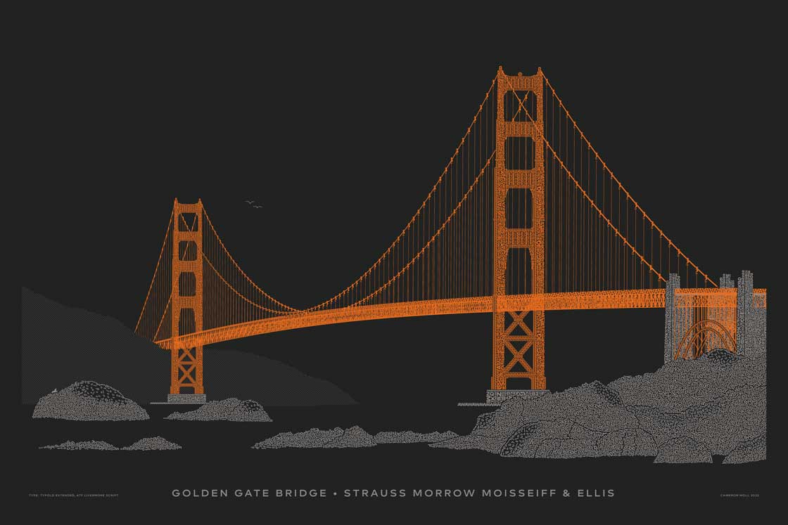 Bridge in orange ink, rocky shore in silver ink, on black paper