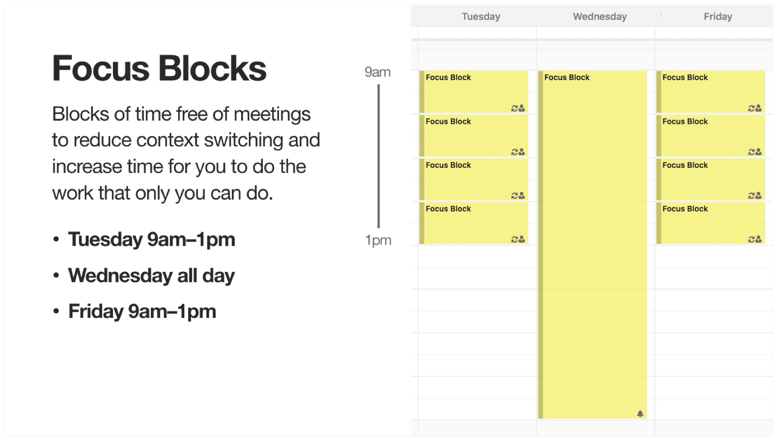 Screenshot showing calendar focus blocks on Tuesdays and Fridays 9am-1pm and Wednesdays all day