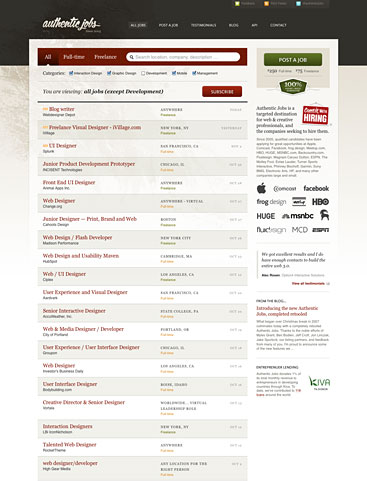 Authentic Jobs home page