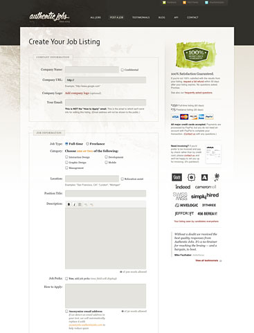 Authentic Jobs create listing page