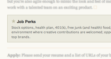 Screen grab showing Job Perks