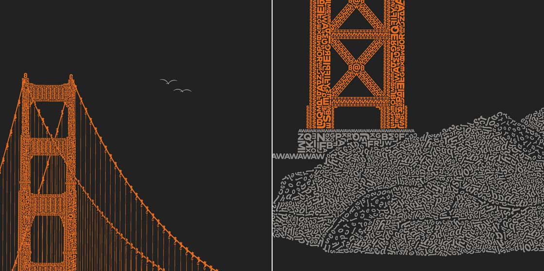 Detail showing one tower with birds, one tower with rocky shore in the foreground